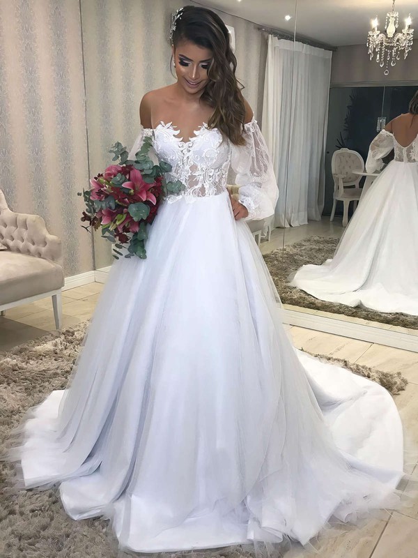 Tulle Ball Gown Off-the-shoulder Sweep Train Appliques Lace Wedding Dresses #DOB00023687