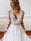 Chiffon A-line V-neck Court Train Appliques Lace Wedding Dresses #DOB00023691