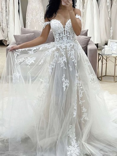 Tulle A-line Off-the-shoulder Sweep Train Appliques Lace Wedding Dresses #DOB00023695