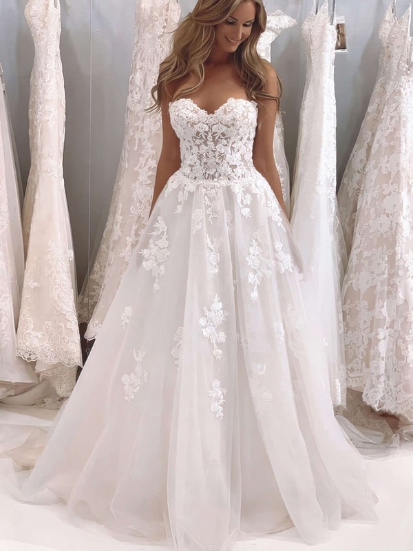 Tulle Princess Sweetheart Sweep Train Appliques Lace Wedding Dresses #DOB00023699