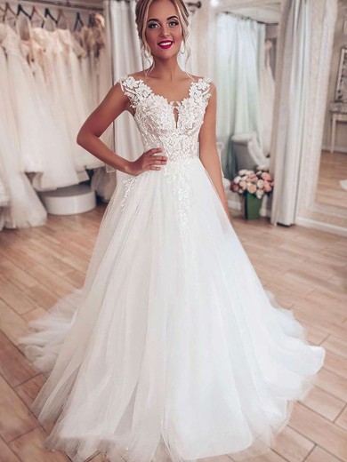 Tulle Princess Scoop Neck Sweep Train Appliques Lace Wedding Dresses #DOB00023709