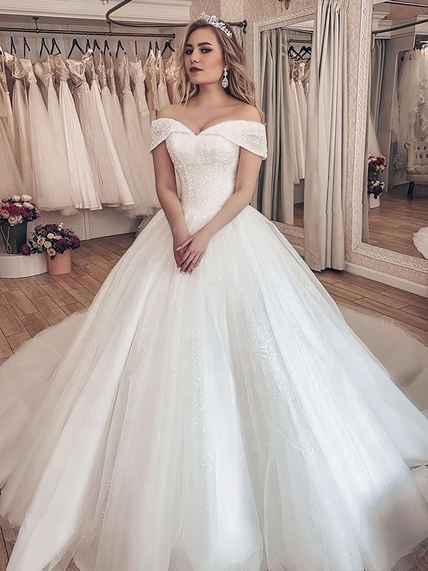 Tulle Ball Gown Off-the-shoulder Court Train Sequins Wedding Dresses #DOB00023712