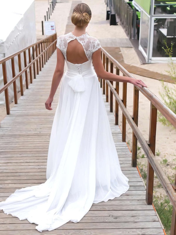 Lace Chiffon A-line V-neck Sweep Train Sashes / Ribbons Wedding Dresses #DOB00023715
