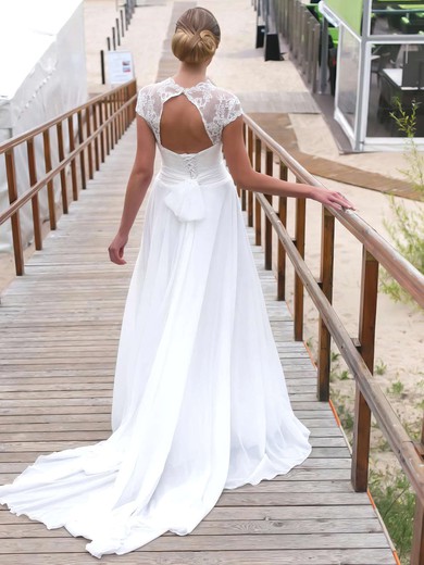 Lace Chiffon A-line V-neck Sweep Train Sashes / Ribbons Wedding Dresses #DOB00023715