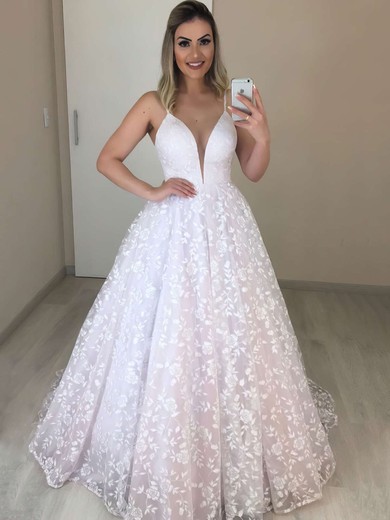 Lace Ball Gown V-neck Sweep Train Wedding Dresses #DOB00023719