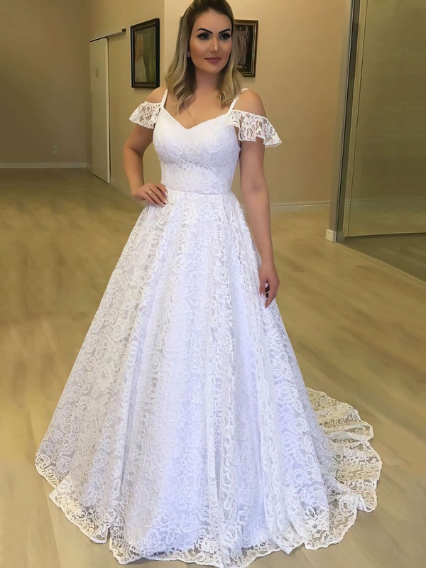 Lace Princess V-neck Sweep Train Wedding Dresses #DOB00023720