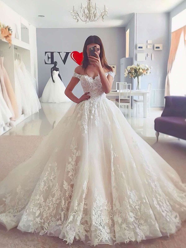 Tulle Ball Gown Off-the-shoulder Floor-length Appliques Lace Wedding Dresses #DOB00023723