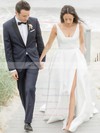 Satin A-line V-neck Sweep Train Sashes / Ribbons Wedding Dresses #DOB00023728