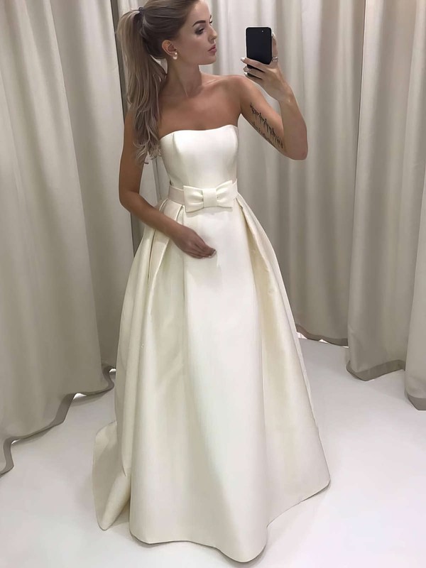 Satin A-line Strapless Floor-length Bow Wedding Dresses #DOB00023732