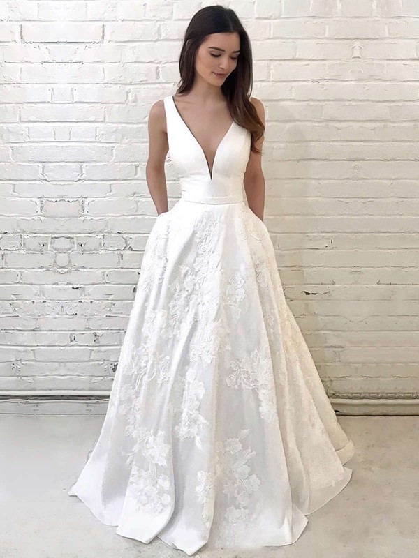 Satin A-line V-neck Floor-length Appliques Lace Wedding Dresses #DOB00023733