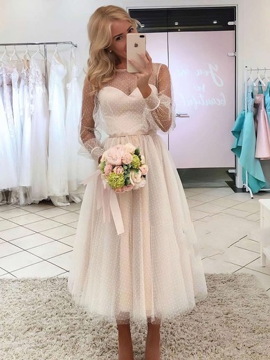 Tulle A-line Scoop Neck Ankle-length Sashes / Ribbons Wedding Dresses #DOB00023736
