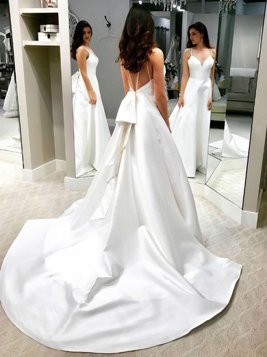 Satin A-line V-neck Court Train Bow Wedding Dresses #DOB00023738
