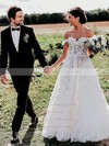 Tulle A-line Off-the-shoulder Sweep Train Appliques Lace Wedding Dresses #DOB00023742