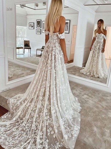 Tulle A-line Off-the-shoulder Sweep Train Appliques Lace Wedding Dresses #DOB00023744