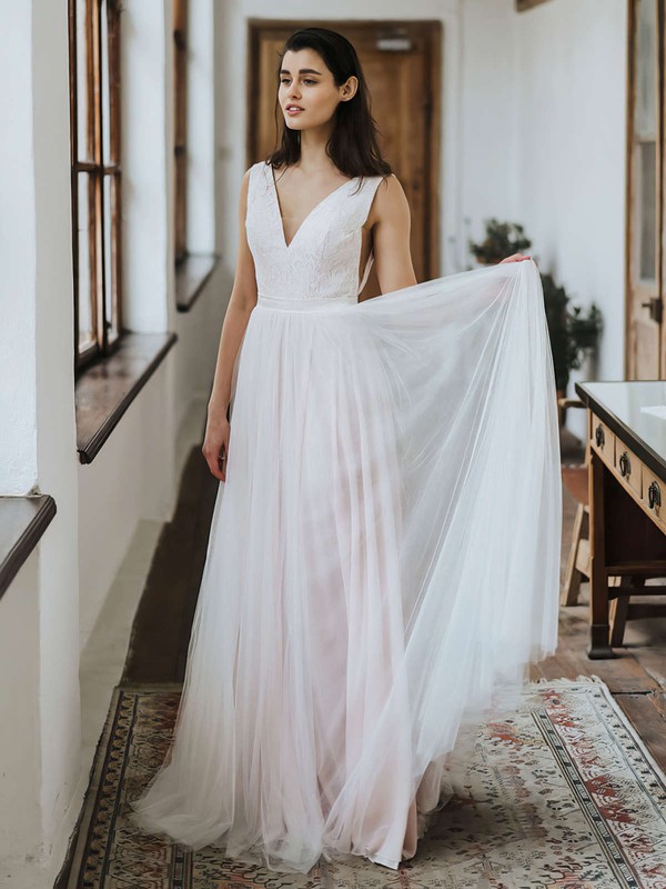 Tulle A-line V-neck Floor-length Lace Wedding Dresses #DOB00023749