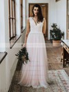 Tulle A-line V-neck Floor-length Lace Wedding Dresses #DOB00023749