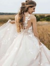 Tulle Princess Scoop Neck Sweep Train Appliques Lace Wedding Dresses #DOB00023750