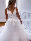 Tulle Ball Gown V-neck Sweep Train Appliques Lace Wedding Dresses #DOB00023761