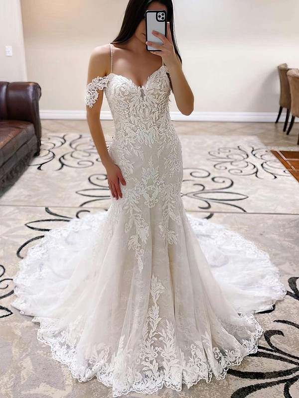 Tulle Trumpet/Mermaid Off-the-shoulder Sweep Train Appliques Lace Wedding Dresses #DOB00023763