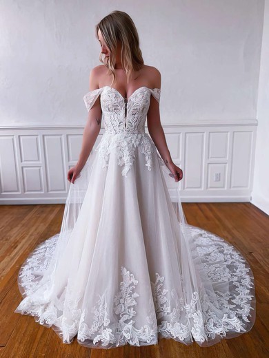 Tulle Princess Off-the-shoulder Court Train Appliques Lace Wedding Dresses #DOB00023764