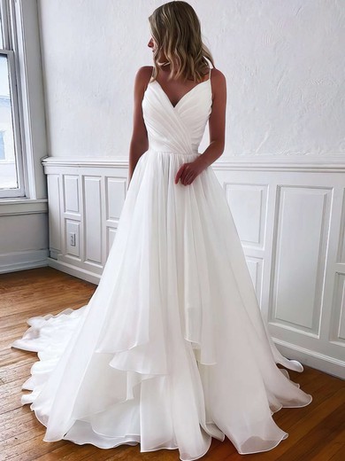 Organza A-line V-neck Sweep Train Ruffles Wedding Dresses #DOB00023765