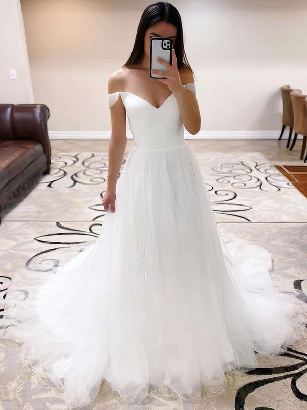 Tulle A-line Off-the-shoulder Sweep Train Wedding Dresses #DOB00023767