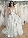 Tulle A-line V-neck Sweep Train Appliques Lace Wedding Dresses #DOB00023769