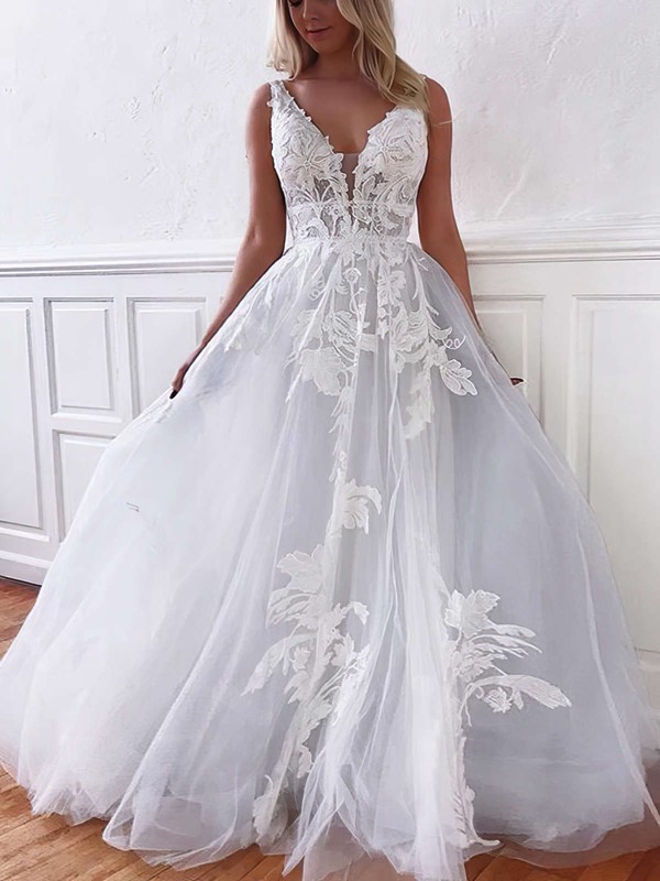 Tulle A-line V-neck Floor-length Appliques Lace Wedding Dresses #DOB00023770