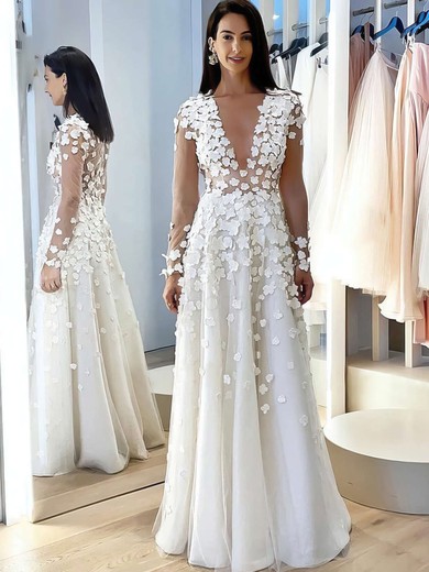 Tulle A-line V-neck Floor-length Flower(s) Wedding Dresses #DOB00023773