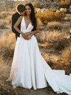Satin Ball Gown V-neck Sweep Train Appliques Lace Wedding Dresses #DOB00023776