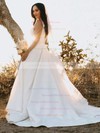 Satin Ball Gown V-neck Sweep Train Appliques Lace Wedding Dresses #DOB00023776