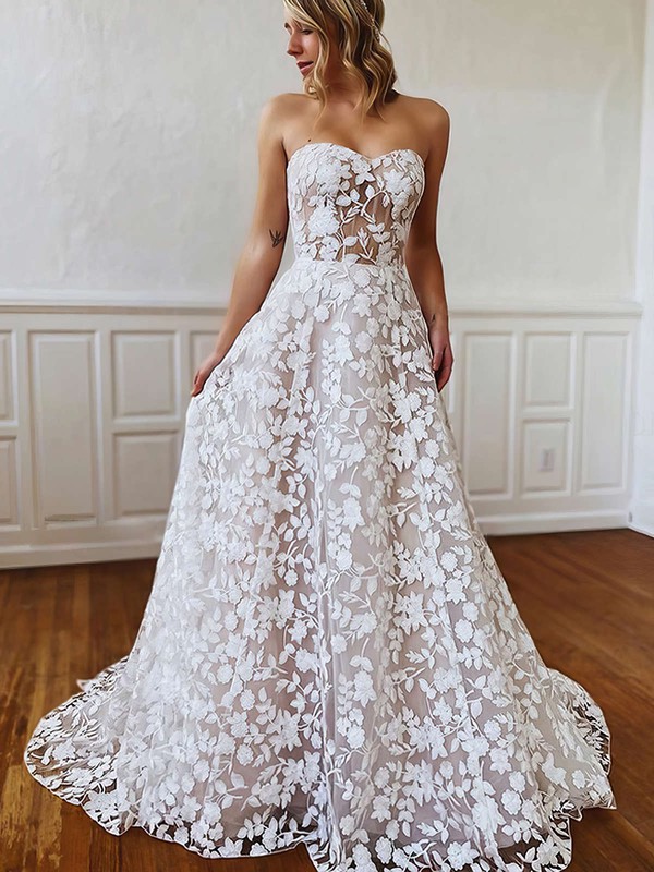 Lace A-line Sweetheart Sweep Train Wedding Dresses #DOB00023779