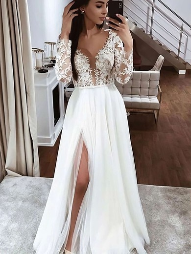 Tulle A-line V-neck Floor-length Appliques Lace Wedding Dresses #DOB00023783