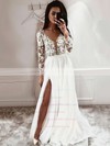 Tulle A-line V-neck Floor-length Appliques Lace Wedding Dresses #DOB00023783