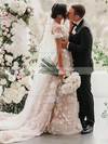 Tulle A-line V-neck Sweep Train Appliques Lace Wedding Dresses #DOB00023784