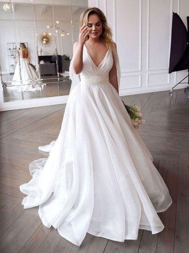 Organza Ball Gown V-neck Sweep Train Ruffles Wedding Dresses #DOB00023785