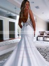 Satin Trumpet/Mermaid V-neck Court Train Appliques Lace Wedding Dresses #DOB00023788