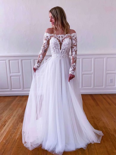 Tulle A-line Off-the-shoulder Sweep Train Appliques Lace Wedding Dresses #DOB00023790