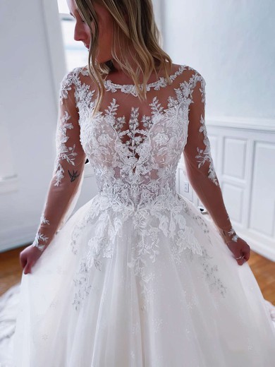 Tulle Ball Gown Scoop Neck Sweep Train Appliques Lace Wedding Dresses #DOB00023791