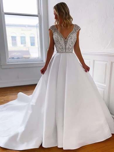 Satin A-line V-neck Court Train Beading Wedding Dresses #DOB00023794