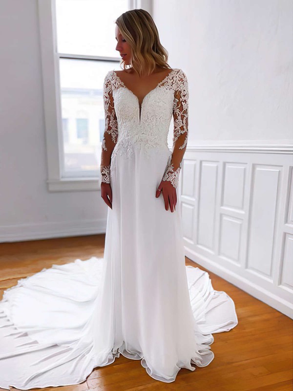 Tulle A-line V-neck Court Train Beading Wedding Dresses #DOB00023802