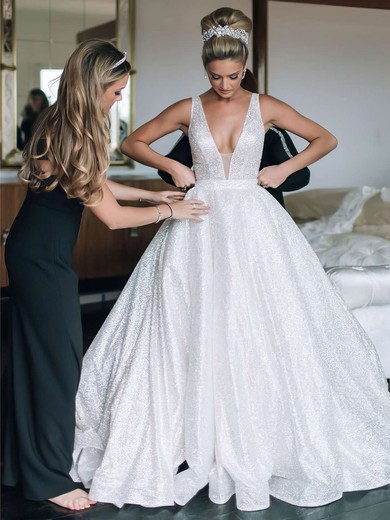 Glitter Ball Gown V-neck Court Train Beading Wedding Dresses #DOB00023806