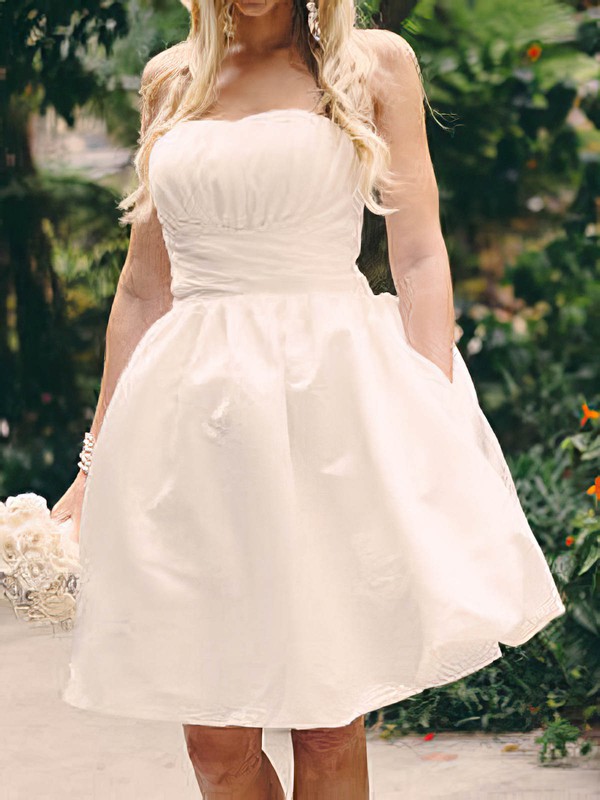 Strapless Ball Gown Knee-length Satin Ruffles Wedding Dresses #DOB00020516