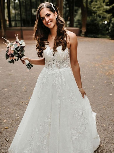 Tulle A-line V-neck Court Train Appliques Lace Wedding Dresses #DOB00023833