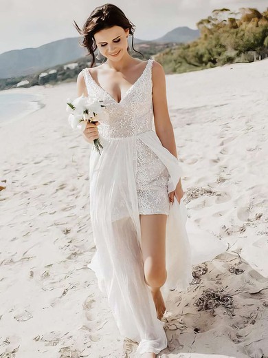 Tulle A-line V-neck Floor-length Split Front Wedding Dresses #DOB00023837