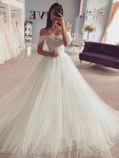 Tulle Ball Gown Off-the-shoulder Court Train Appliques Lace Wedding Dresses #DOB00023840
