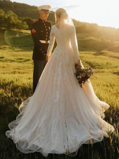 Tulle A-line V-neck Court Train Lace Wedding Dresses #DOB00023842