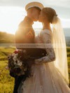 Tulle A-line V-neck Court Train Lace Wedding Dresses #DOB00023842