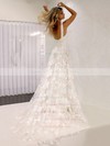 Tulle A-line V-neck Sweep Train Appliques Lace Wedding Dresses #DOB00023845