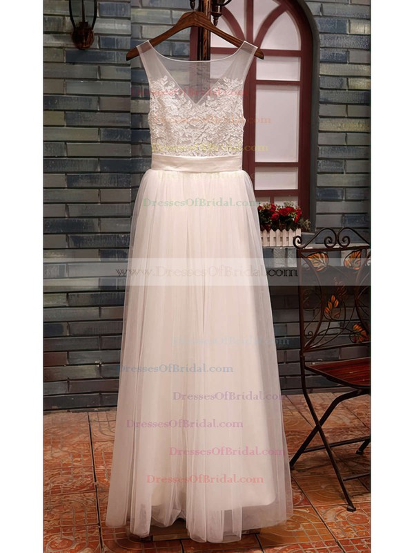 Bateau A-line Floor-length Tulle Satin Appliques Wedding Dresses #DOB00020518
